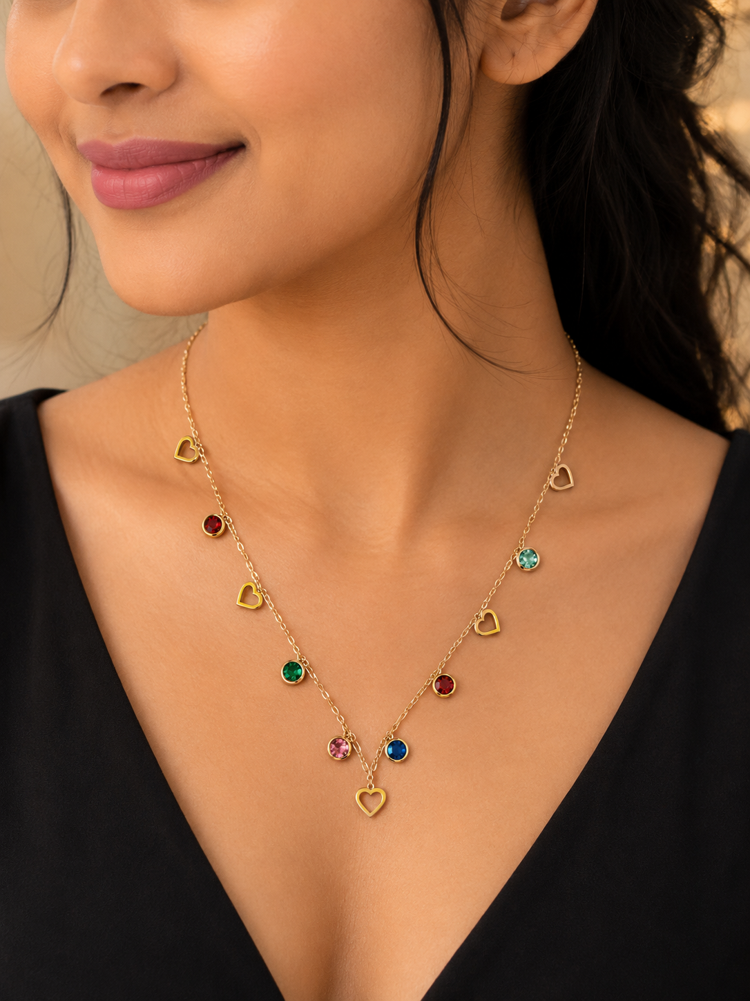 Multicolor Heart Charm Layered Necklace